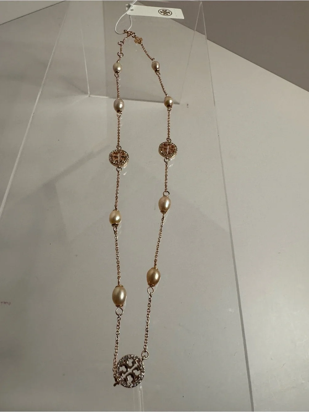 Tory Burch NWT Miller Pave Crystal & Rose Gold Pearl Chain Necklace